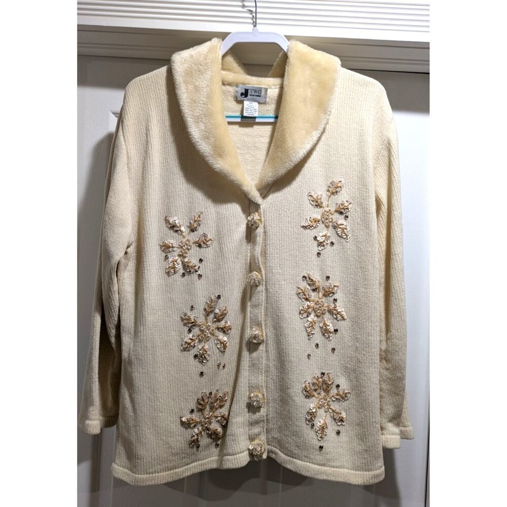 VTG J Two New‎ York Womens Cardigan XXL Cream Faux Fur Collar Sequins Snowflakes